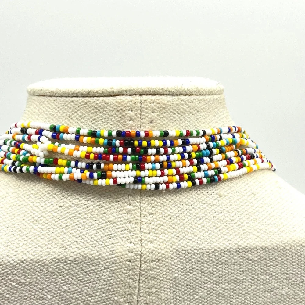 Long Multi Color Seed Bead Necklace Single Strand White Red Blue Yellow 50 Inch